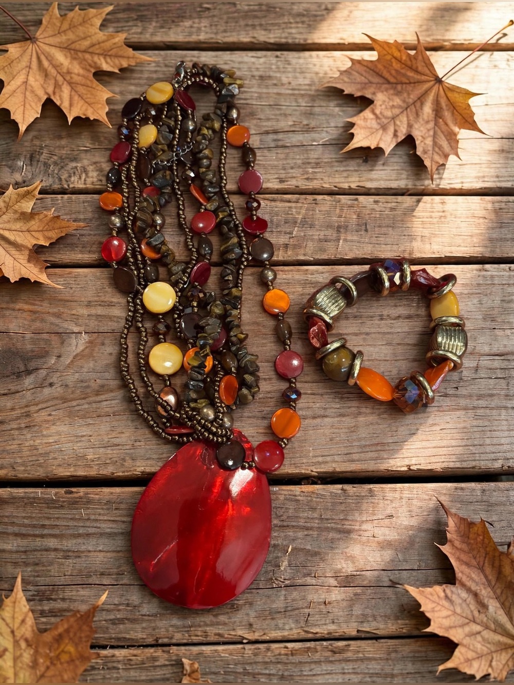 Autumn Boho Multi-Strand Necklace + Bracelet Set